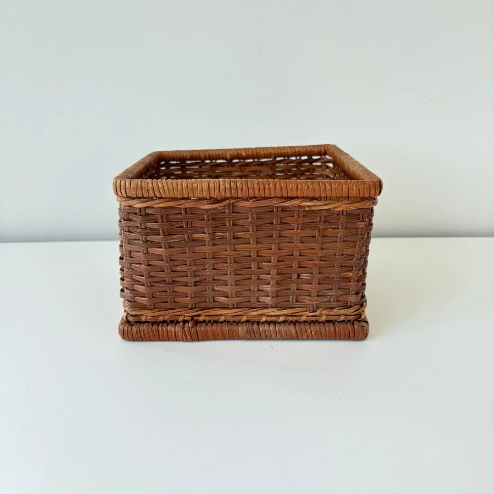 Vintage Square Wicker Storage Basket Brown Woven Rustic Home Decor Organizer